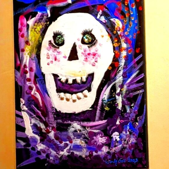 Wendy Gell painting Jolly Skull intuitive painting Chiclet teeth, jeweled eyes . - Picture 2 of 2